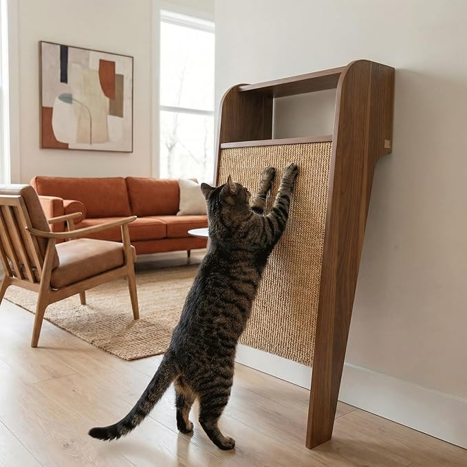 4 Cats & Dogs Wesley Cat Scratcher – Stylish & Durable Sisal Scratching Post Shelf, Vertical Scratch Board Furniture Protector, Indoor Wooden Cat Scratcher for Entryway Décor 20” x 11” x 40”- Walnut