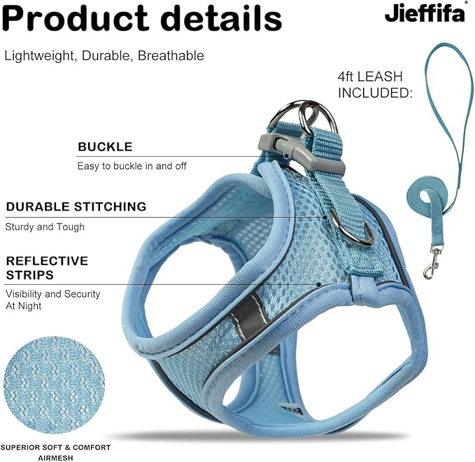Cat Harness and Leash Set - Adjustable Soft Vest, Reflective Step-in Design for Safe Walking (Blue)