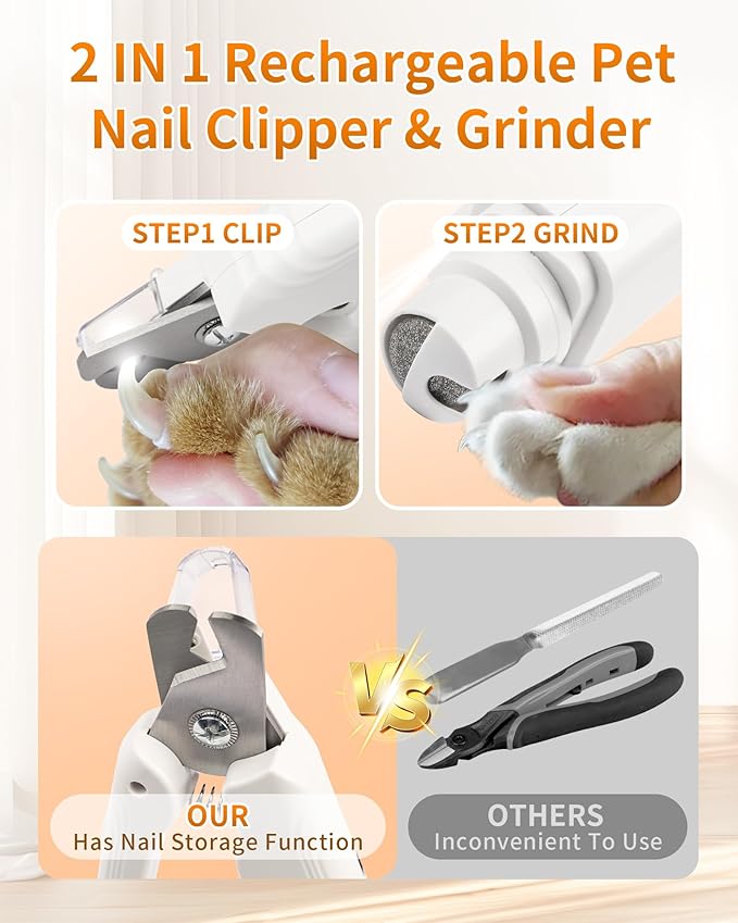 2-in-1 Cat Nail Clippers & Grinder with Light, Quiet Electric Dog Claw Care Trimmer with Safety Guard & Quick Sensor Prevent Overcutting, USB Rechargeable for Small Medium Large Pets