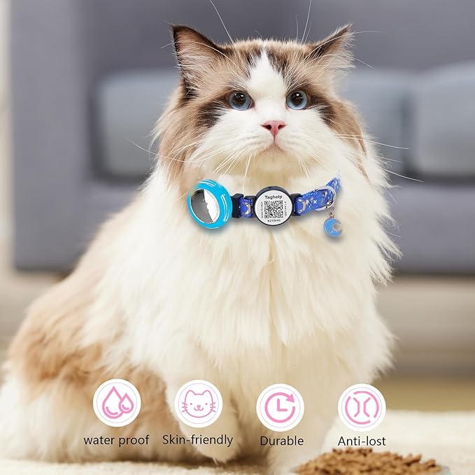 2-Pack Waterproof Breakaway Cat Collars with Moons & Stars Design - Adjustable Apple AirTag Holder & QR Code Safety Tracker for Cats & Kittens with Smart ID tag/NO APP(Black & Pink)