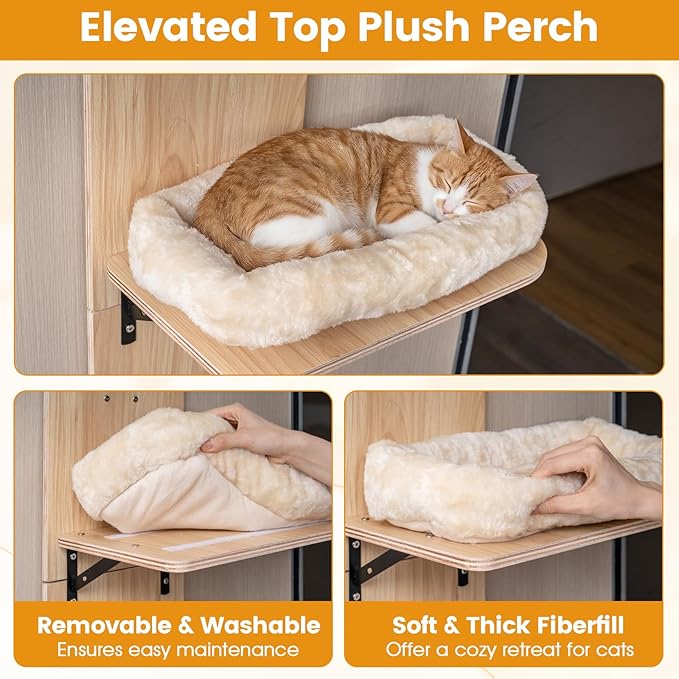 PETSITE Door Mounted Cat Tree, 58.5-61.5 Inches Height Adjustable Hanging Cat Climber with Scratching Post, Detachable Scratching Mats, and Comfy Plush Cat Bed (Natural)