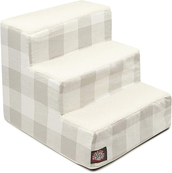 Majestic Pet 3 Step Portable Dog Stairs for Small Dogs to get on Bed Supports 250 lbs or Less – Dog Steps for High Bed with Machine Washable Cover –Pet Stairs for Cats Anderson Check Light Gray