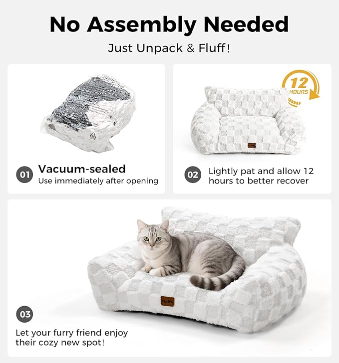 Made4Pets Cat and Dog Indoor Couch Bed, Soft Faux Fur Checkered Pet Sofa, Cozy Fluffy Pet Sofa with Supportive Foam, Removable Washable Cover with Non-Slip Base, Sky Blue, Medium