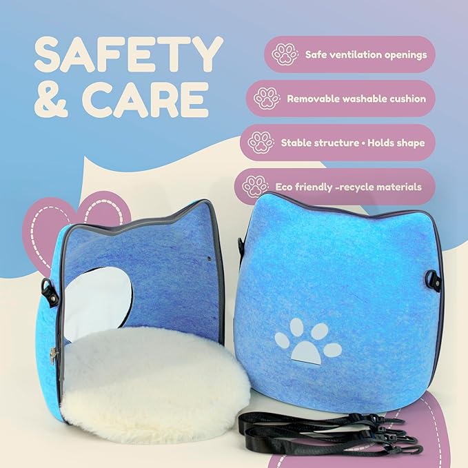 Cat Cave Bed for Indoor Cats – Felt Covered Hideaway with Cushion, Foldable Enclosed Pet House, Portable Cozy Cave Bed for Medium & Large Cats (Blue)