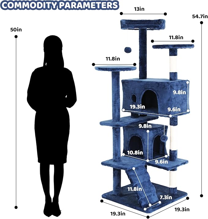54" Cat Tree for Indoor Cats - Multi-Level Cat Tree Tower with Cat Scratching Post, Perches, Plush Toys & Cozy Hideaways - Cat Tower Makes Perfect Pet Gift - Navy Blue