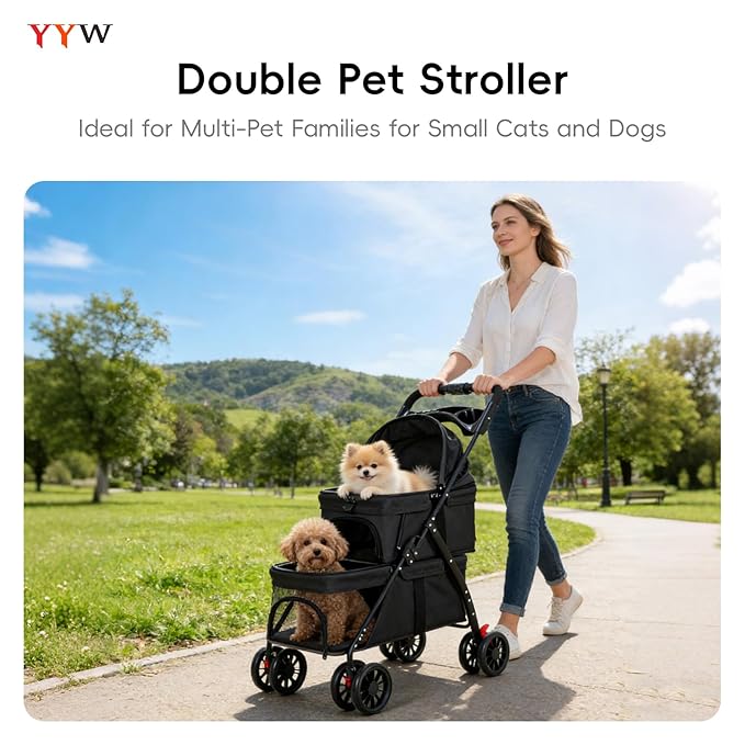 YYW Double Pet Stroller for Small Cats and Dogs, Foldable Kittens Puppies Travel Strolling Cart with 2 Carriages, Cup Holder & Lockable Wheels, Ideal for Multi-Pet Families(Black)