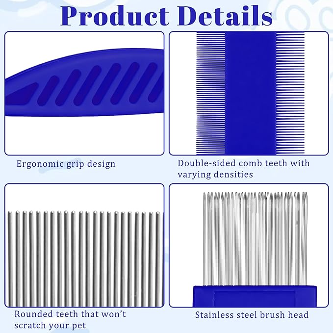 6-Pack Flea Comb for Dogs and Cats, Stainless Steel Dog Cat Grooming Combs with Rounded Tooth for Remove Fleas Lice Eggs Double-Sided Tear Stain Remover Pet Dematting Kit for All Types of Pets
