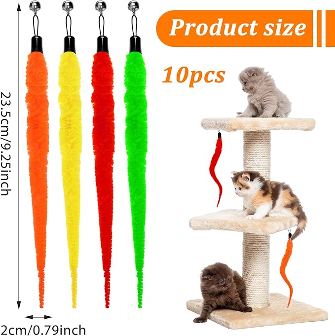 10 Packs Cat Worm Toys, Fuzzy Worm Cat Toy, Interactive Cats Wand Attachment Toys for Teaser Play and Chase Exercise with Kitten