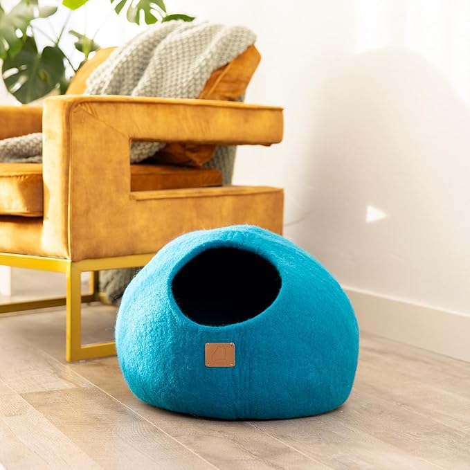 Best Aesthetic Cat Bed - Premium Felted Wool Cat Cave Bed - Cozy Peekaboo Round Cave for Large or Small Cats (Small, Ocean Blue)