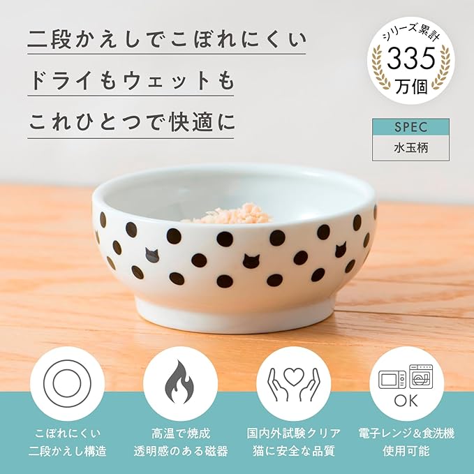 猫壱 necoichi Happy Dining Stemless Food Bowl for Cats, Polka Dot
