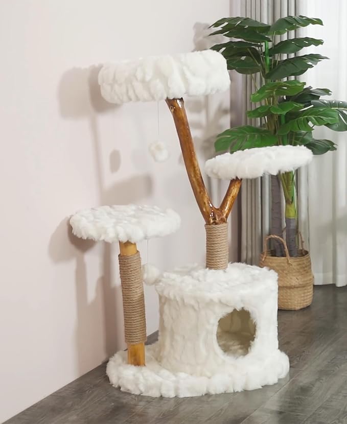 Cloud Cat Tree Aesthetic, Natural Wood Branch Cat Tree Tower with Large Condo, Soft Perches, Kitten Scratching Posts, Cat-Approved Modern Luxury Cat Tower, White