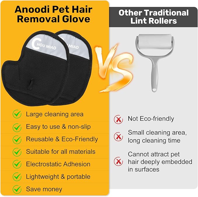 2 Pack Pet Hair Removal Gloves, Reusable Electrostatic Magic Brush Glove for Dogs Cats Grooming, Pet Hair Mitt Remover Tool for Furniture, Clothing, Couch, Carpet, Car Seats