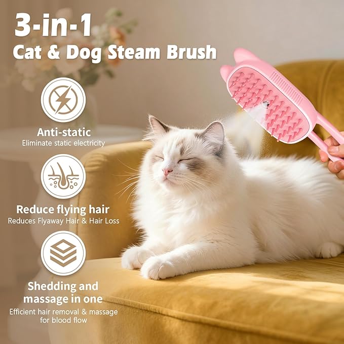 Pet Steam Brush for Dogs and Cats, Spritz Defur Comb 3 in 1 Pet Rechargeable Steam Brush Tool for Long and Short Haired Cats and Dogs, Anti-Static, Shedding, Detangling, Massage & Combing (pink)