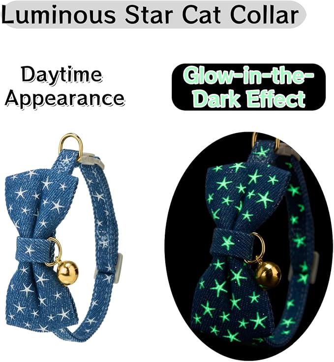 2 Pack Cat Collars with Bell,Glow in The Dark,Cute Star Bow Tie Collar for Cats,Adjustable Safety Breakaway Kitten Collar for Night Walking & Outdoor Use(Adult Cat,GD Star Blue)