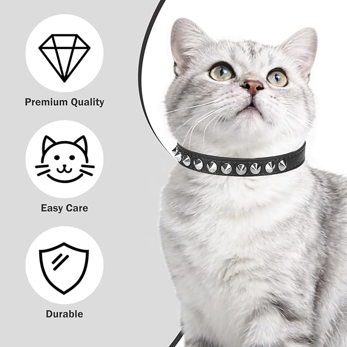 Leather Cat Collars for Boy Girl Cats with Bell and Safety Elastic Belt, Personalized Rivets Stud Adjustable Safe Buckle Collar with Skull Charm for Kitty Small Pets, Black