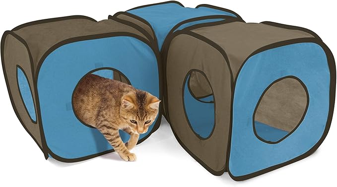 Kitty City Pop-Up Rolling Cat Cube & Tunnel Toy, Collapsible Indoor Cat Play Cube with Peekaboo Openings & Hanging Tassel, Lightweight Foldable Cat Furniture - Blue/Brown