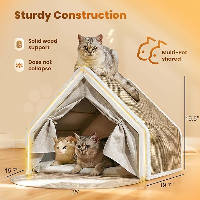Cat Houses for Indoor Cats - Large Cat Bed Cave with Natural Sisal Cat Scratcher Mat, Solid Wood Frame Cat House with Curtains and Cat Floor Scratching Pad Rug, Protect Couch and Carpets, L