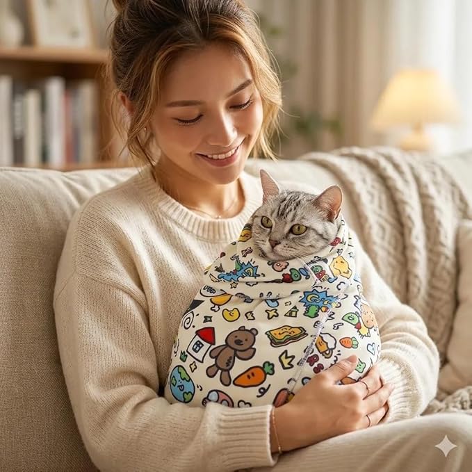 Cat Grooming Wrap for Nail Clipping, Self-Adhesive Cat Burrito Restraint Wrap, Anti-Scratch Cat Swaddle for Bathing, Soft Microfiber 70×70cm Fits Cats Up to 14lbs, Cartoon Doodle Print