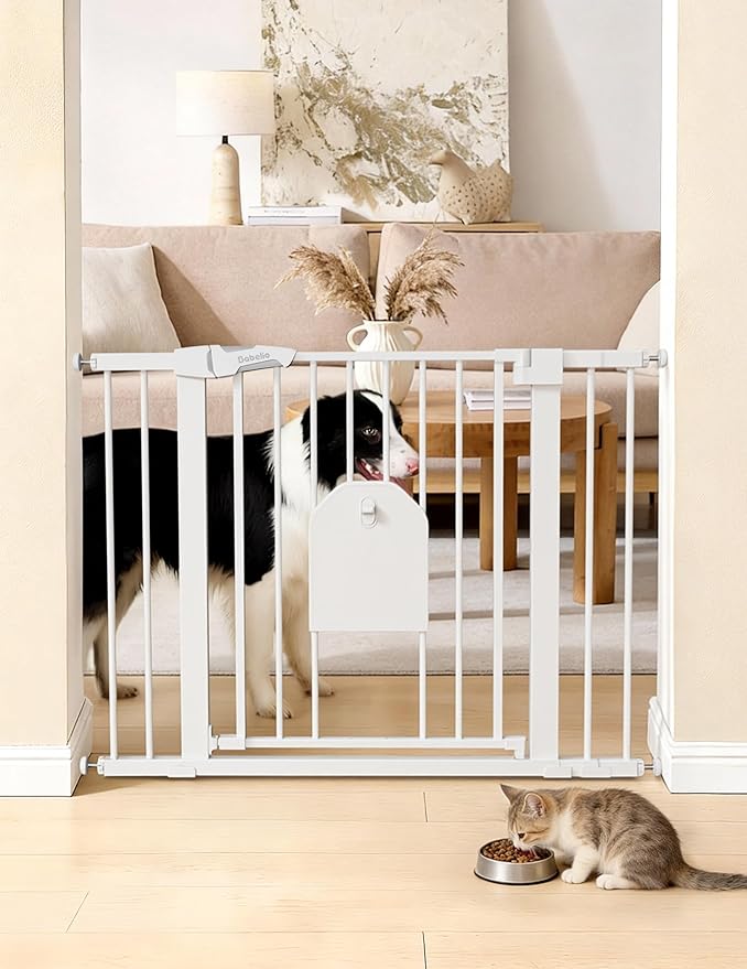 Babelio Auto Close Baby Gate with Cat Door,29-43" Metal Gate for Doorway,Stairs, House,Easy Walk Thru with Pet Door,Includes 4 Wall Cups and 3 Extension Pieces,White