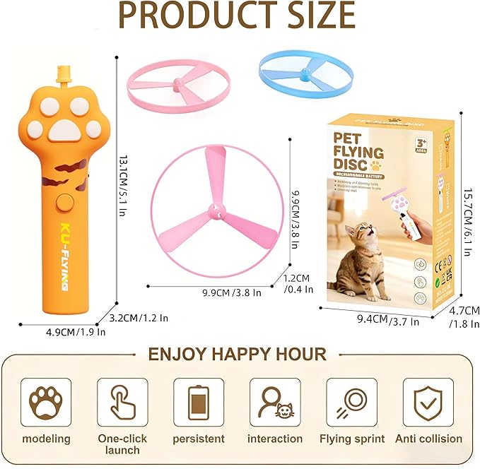 Cat Fetch Toy Launcher,Flying Disc Launcher Toy Rechargeable with 10 Flying Discs,Flying Cat Toy Disc Launcher for Kitten Dog Playing Interactive Hunting Tracking Toys for Outdoor Indoor,Orange