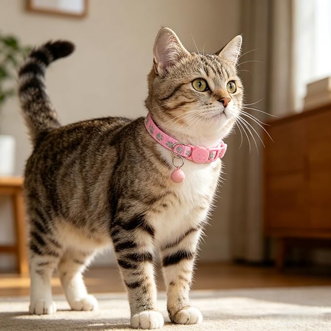 THAIN Reflective Breakaway Cat Collar with Paw Print 8 Colors Safety Release Buckle Adjustable, Lightweight, Cute Kitten Collar with Bell (Breakaway-Cat Shape)