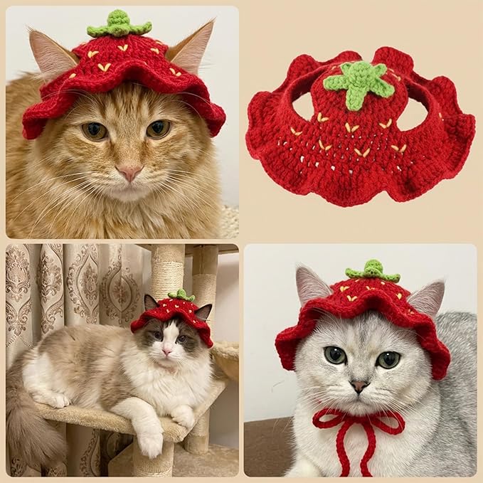 2Pcs Strawberry and Frog Cat Hat, Crochet Hats for Kitten Soft Cotton Cute Knitted Hat Christmas Birthday Halloween Party Costume Accessory for Kitten Small Pets