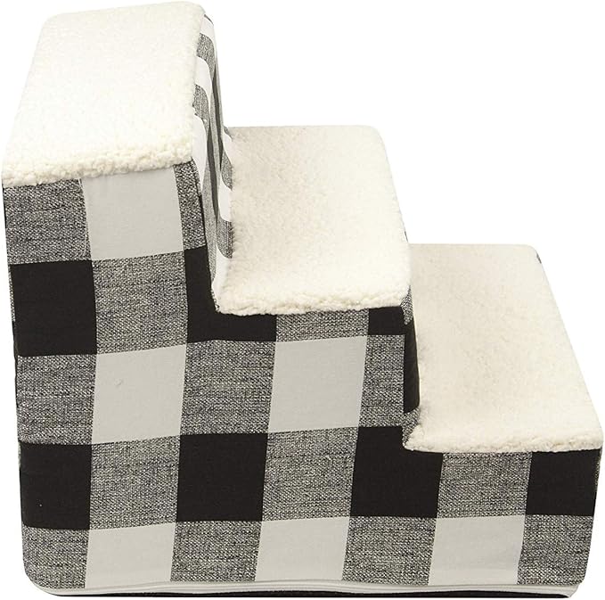 Majestic Pet 3 Step Portable Dog Stairs for Small Dogs to get on Bed Supports 250 lbs or Less – Dog Steps for High Bed with Machine Washable Cover –Pet Stairs for Cats Anderson Check Charcoal Black