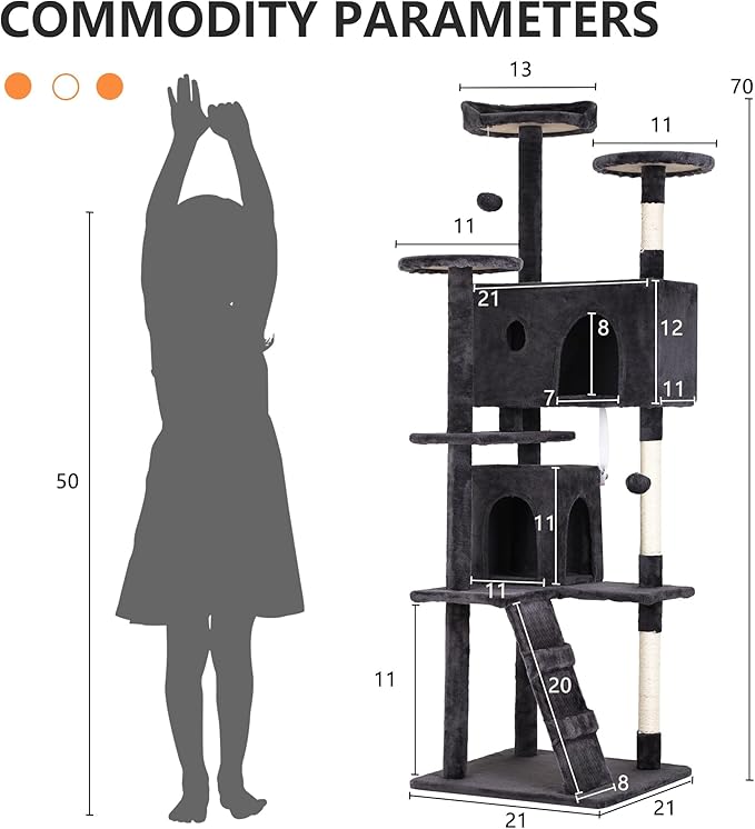 70 Inch Cat Tree Tower - Multi-Level Kitten Condo with Scratching Post, Plush Perch, Dangling Ball - Heavy Duty for Large Cats - Dark Grey