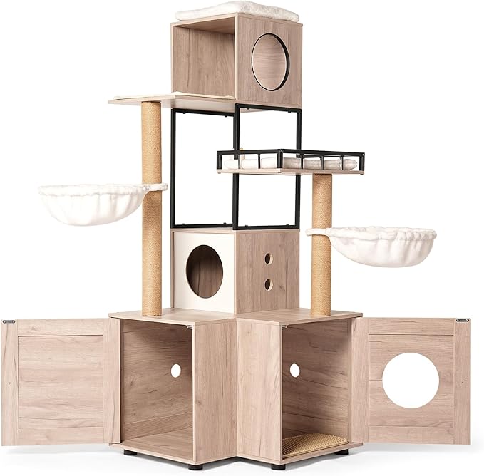Modern Cat Tree Condo Tower Cat House Washroom Furniture Litter Box Enclosure with Scratching Posts, Hammocks, Removable Washable Cushion & Toy Hanger, White+Gray(25.60" Lx25.60 Wx63.00 H)