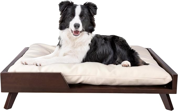 Elevated Dog Bed - 36” x 29.5” Indoor Pet Bed with Frame and Soft Cushion - Mid-Century Modern Wood Dog Bed for Medium to Large Pets by PETMAKER (Dark Brown)