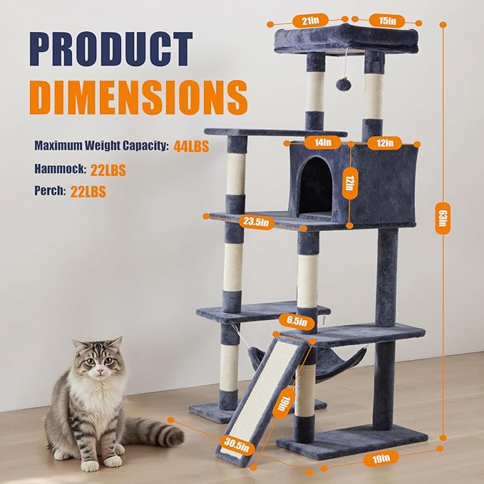 DUMOS 63 Inch Cat Tree Tower, Large Multi Level Cat Climbing Tower with Condo, Natural Sisal Scratching Posts, Extended Platform, Hammock, Pet House for Indoor Cats and Kittens Play, Dark Grey