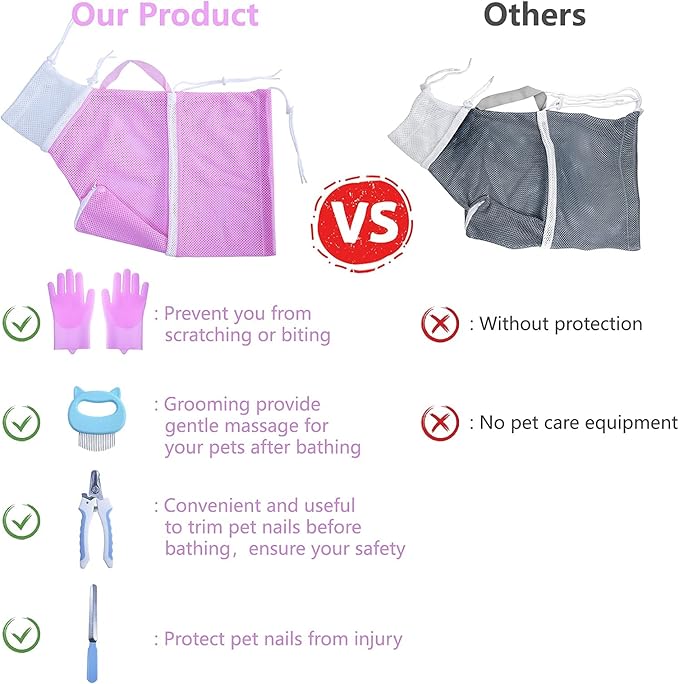 KlerRoem Cat Bathing Bag, Adjustable Anti-bite and Anti-Scratch Cat Shower Mesh Grooming Bag for Pet Dogs and Cats, Includes Pet Nail Clipper, Nail File, Grooming Glove, and Cat Shell Comb