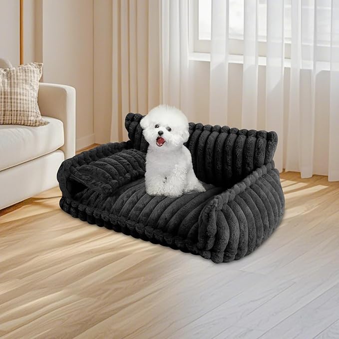 Plush Pet Couch Bed for Cats & Dogs, Removable Machine Washable Cover Fluffy Pet Sofa with Pillow, Non-Slip Cat Dog Bed Large Size, Modern Pet Furniture (Grey)
