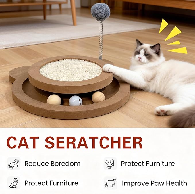 Cute Cat Scratcher,Interactive Scratcher Toys for Indoor Cats and Kitten Natural Sisal Cat Scratch Mats Track Balls Spring Toy