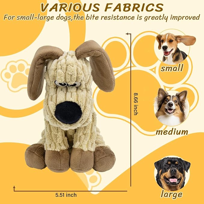 Squeaky Stuffed Dog Toys, Chew Toy for Large Medium Small Breeds, Plush Dog Toys to Keep Them Busy, Puppy Teething Dog Toy, Crinkle Dog Toy (Khaki Dog)