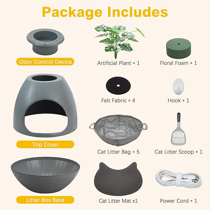 Eggloa6 Cat Litter Box Enclosure with 5PCS Litter Box Liners Plant Litter Box Large DIY Litter Box Furniture w/Cat Litter Mat, Smart Odor Removal System for Cats Kitty Bunny