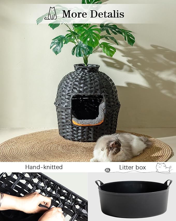 SETVSON Cat Litter Box Plant Furniture Enclosure, Hidden Handwoven Rattan with Cat Litter Box and Artificial Plants, Odor Control Filter, Real Stones in Living Room, Bedroom, Corner (Black)
