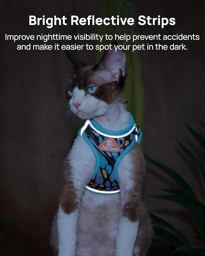 PetThem Upgraded Cat Harness and Leash Set - Step-in Escape Proof Adjustable Cat Harness, Comfortable Soft Lightweight, Reflective Harness for Walking, Travel, Camping (Butterfly Magic, XS)