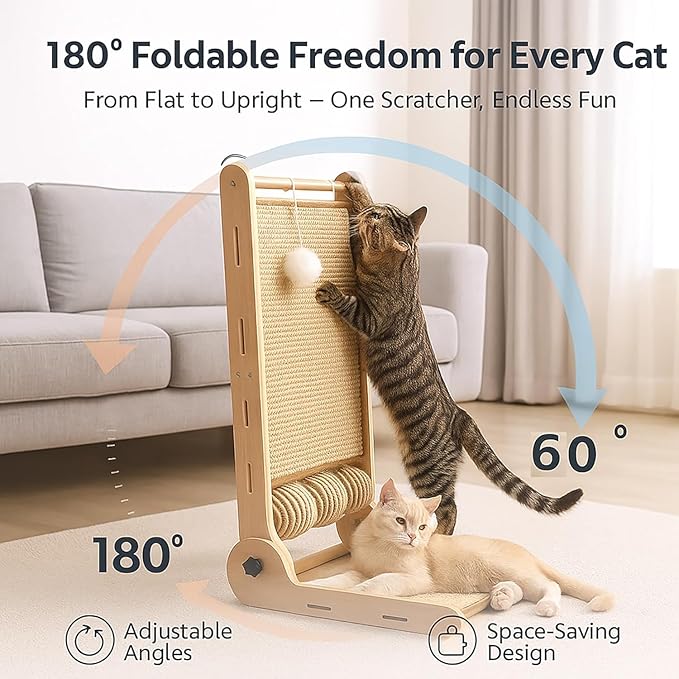 32" Sisal L Shaped Cat Scratch Pad with Ball Toy, Wooden Cat Scratching Post for Indoor Cats, 180° Angles Cat Scratcher for Indoor Cats, Durable Modern Cat Scratching Boards