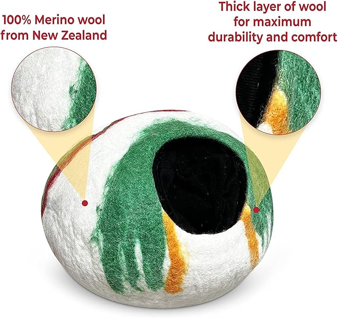 Woolygon Premium Felt Cat Cave Bed – Wool Kitty Beds Handcrafted Kitten Caves Bed for Indoor Cats - Made from Merino Wool, Foldable Cat Hideaway Covered Cat House Pod (Candy Swirl)