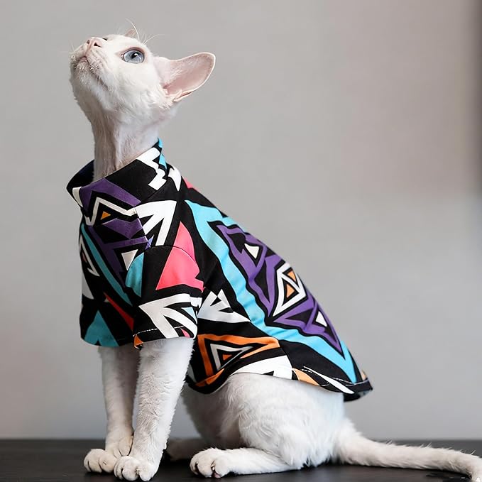 Sphynx Cat Clothes Shirts for Hairless Cat,Graphics Printed Kitten Apparel Clothes for Cats Only,Soft Sphinx T-Shirts Sweatshirt with Sleeves for Cornish Rex, Devon Rex,Geo Pop,2XL