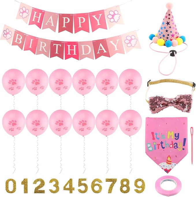Cat Birthday Decorations Set - Cute Birthday Outfit with Hat, Bandana, Bow Tie, Balloons & Number Stickers for Kittens/Cats Party Photo Props & Festive Supplies