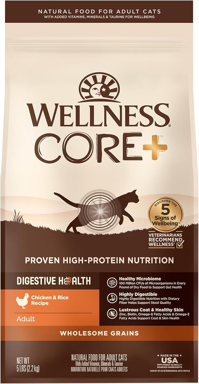Wellness CORE+ Adult Dry Cat Food, Natural, Wholesome Grains Kibble, Digestive Health Chicken and Rice Recipe, 5 lb Bag