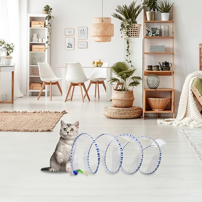 Andiker Cat Tunnel Toy, 10inch Collapsible Metal Cat Spring Toy with Nylon Mesh, Feather, Mouse, and Bell, Interactive Cat Toys for Indoor Cats to Scratch, Puzzle, Relax and Kill Time (Yellow)