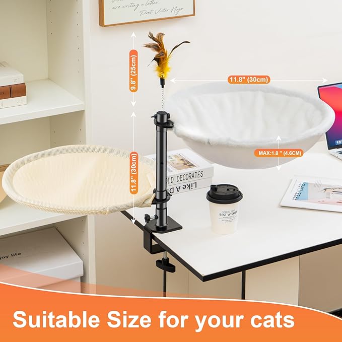 Uross Cat Desk Bed- Double Layers Adjustable Height 360 Rotation Cat Desk Perch Mount for Office and Game Tables, Attachment Desktop Bed with 2 Washable Covers, Soft Rabbit Fur& Breathable Mesh -Beige