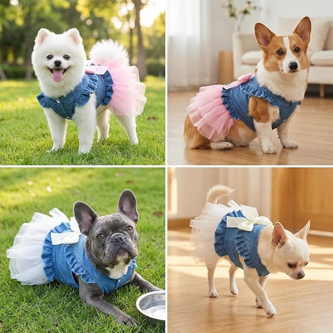 Dog Cat Denim Tutu Dress, Princess Puppy Kitten Outfit with Pearl Bow & Stand-Up Collar, Sleeveless Pet Clothes for Wedding Birthday Party, Easy Front Snap Closure for Chihuahua(Pink-Denim, X-Large)