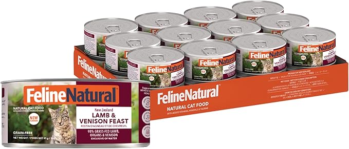Feline Natural New Zealand Canned Wet Food, High-Meat, Low-Carb, & Grain Free Cat Food Wet, Lamb and Venison, 3 oz, Pack of 24