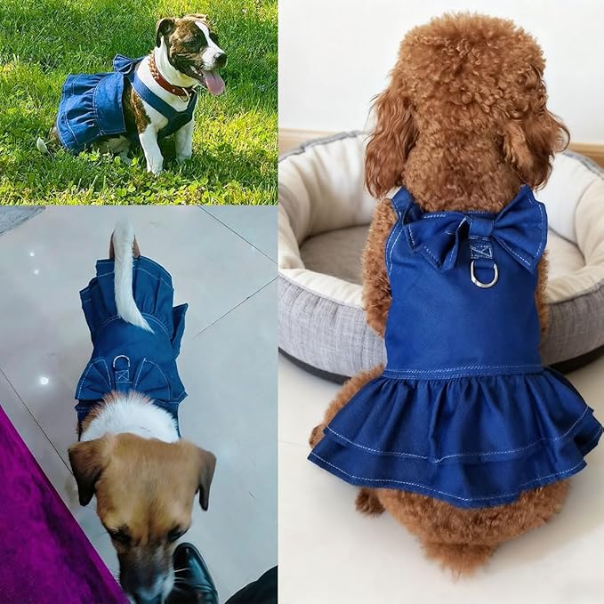 Denim Pet Dress & Vest Harness for Dog Cat, Male Female Universal with D-Ring, Bow Decor Ruffled Skirt Breathable Clothes for Small to Large Pets (Medium, Skirt-Blue Denim)