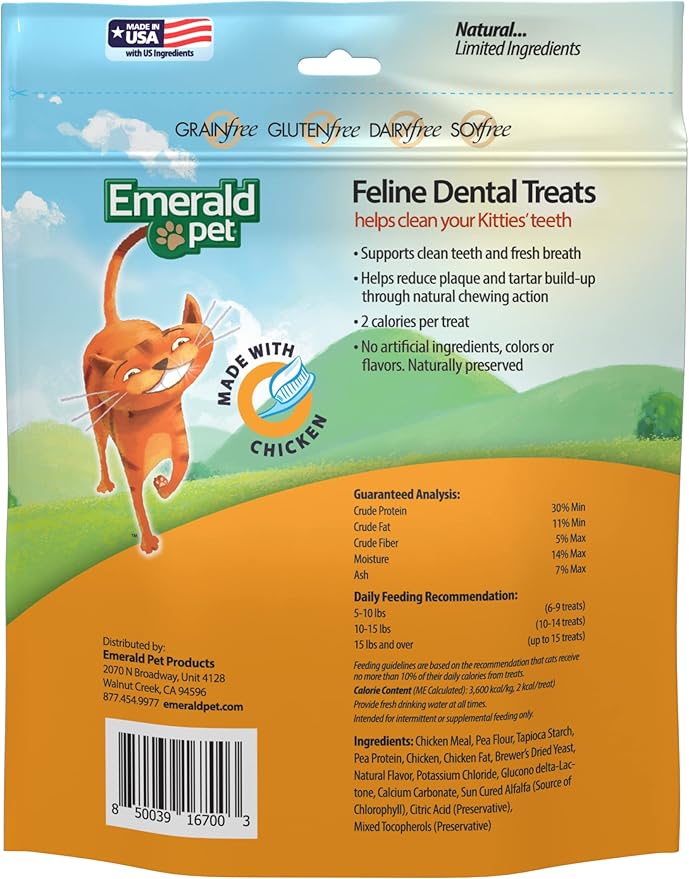 Emerald Pet Feline Dental Treats — Tasty and Crunchy Cat Treats Grain Free — Natural Dental to Clean Teeth, Freshen Breath, and Reduce Plaque and Tartar Buildup — Chicken, 32 oz