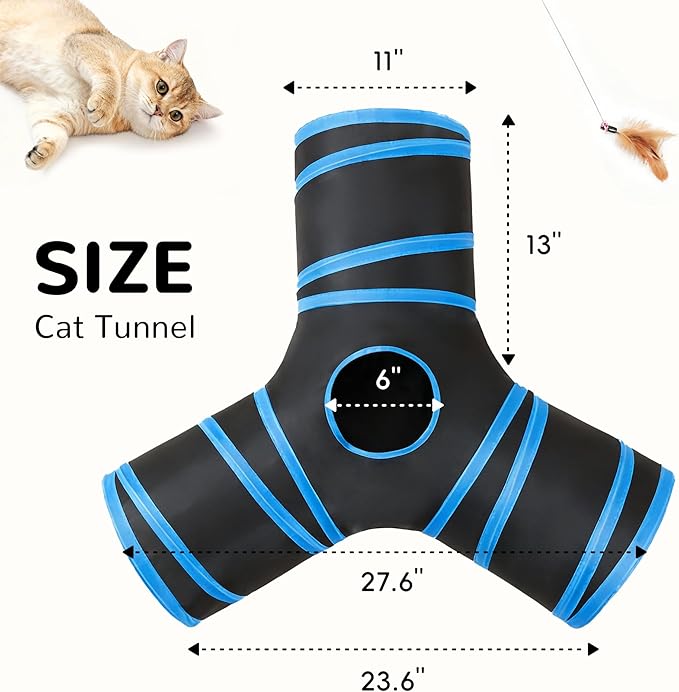 Tempcore Cat Tunnel for Indoor Cats, 3-Way Collapsible Play Tunnel with Teaser Wand, Peek Holes & Toy Ball, Small Pet Toy for Kittens & Rabbits, Black & Royal Blue
